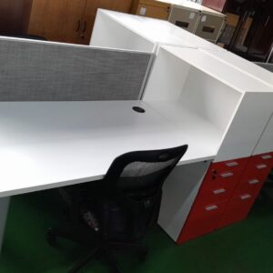 3600mm x 1600mm 4 Way Cluster Unit With Desk High Pedestal & Open Bookcase Towers Red & White